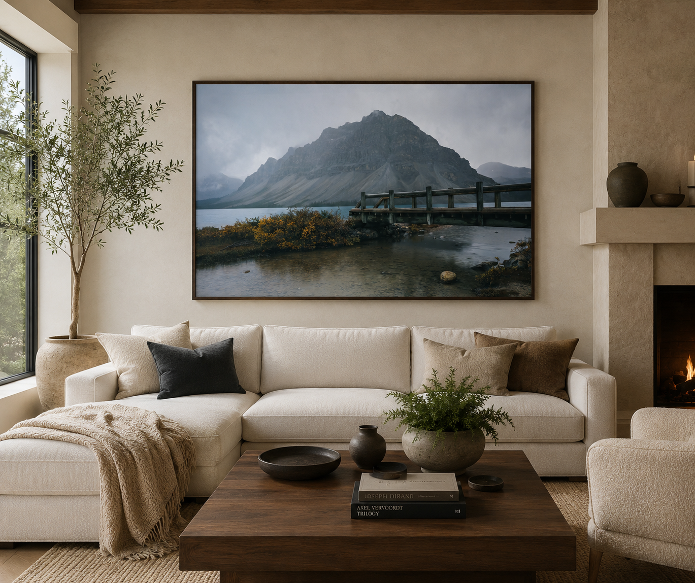 Large moody mountain landscape over a living room couch with neutral tones and dark frame